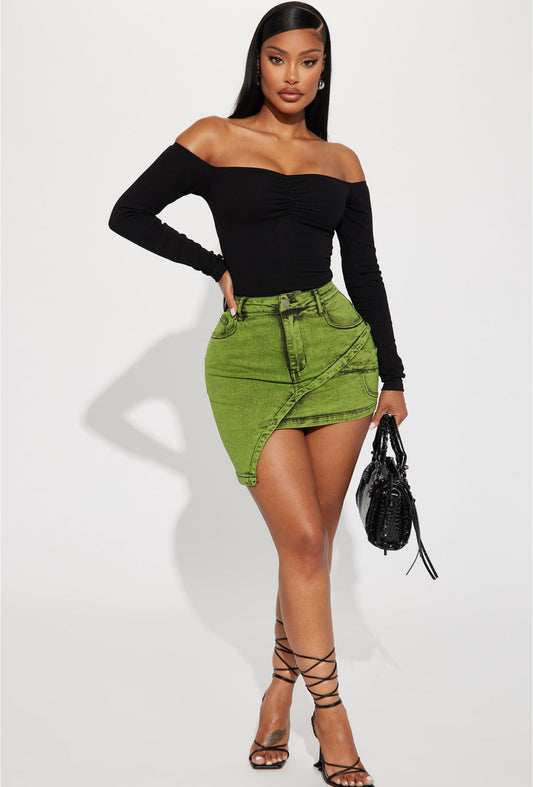 Green denim skirt